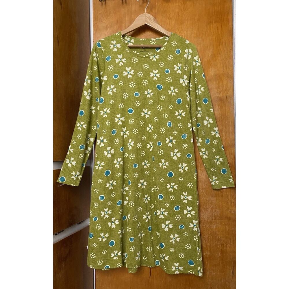 GUDRUN SJODEN IRIS green floral Organic cotton knit Dress artsy BOHO Sz S Midi